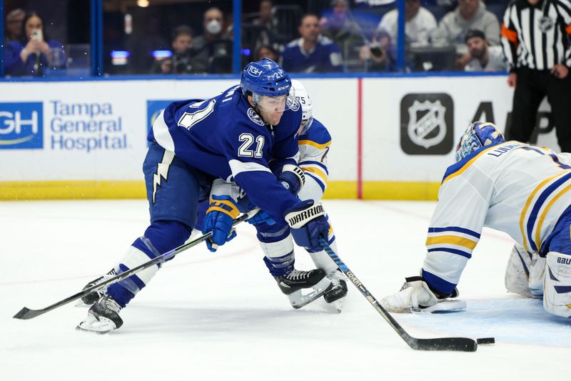 Feb 29, 2024; Tampa, Florida, USA;  Tampa Bay Lightning center Brayden Point (21) scores a goal on Buffalo Sabres goaltender Ukko-Pekka Luukkonen (1) in the first period at Amalie Arena. Mandatory Credit: Nathan Ray Seebeck-USA TODAY Sports