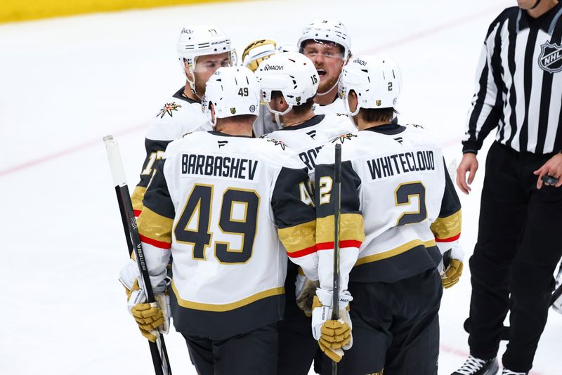 Nov 13, 2024; Anaheim, California, USA; Vegas Golden Knights left wing Pavel Dorofeyev (16) celebrates with his teammates after scoring a goal against the Anaheim Ducks during the third period of a hockey game at Honda Center. Mandatory Credit: Jessica Alcheh-Imagn Images