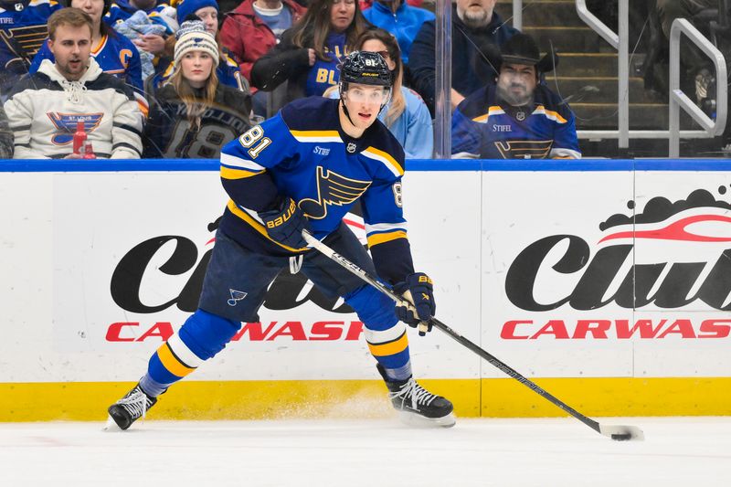 Jan 27, 2025; St. Louis, Missouri, USA;  St. Louis Blues center Dylan Holloway (81) controls the puck against the Vancouver Canucks during the second period at Enterprise Center. Mandatory Credit: Jeff Curry-Imagn Images