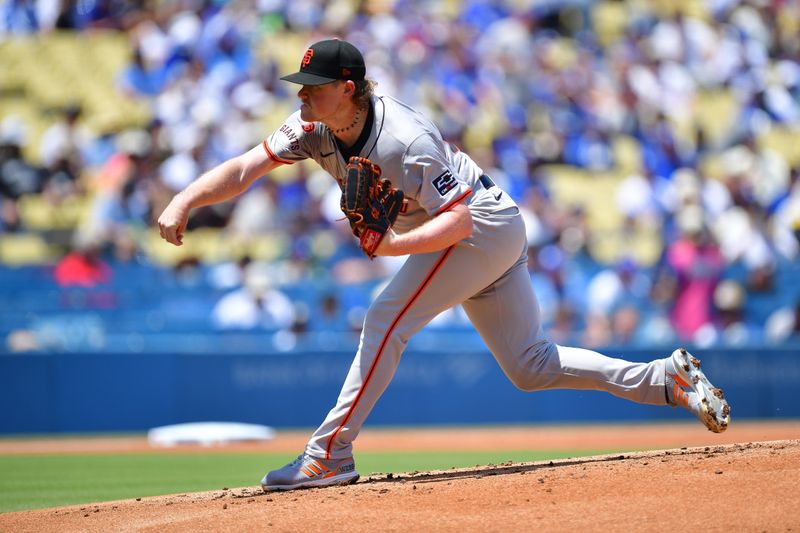 Jul 25, 2024; Los Angeles, California, USA; San Francisco Giants pitcher Logan Webb (62) throws against the Los Angeles Dodgers during the first inning at Dodger Stadium. Mandatory Credit: Gary A. Vasquez-USA TODAY Sports