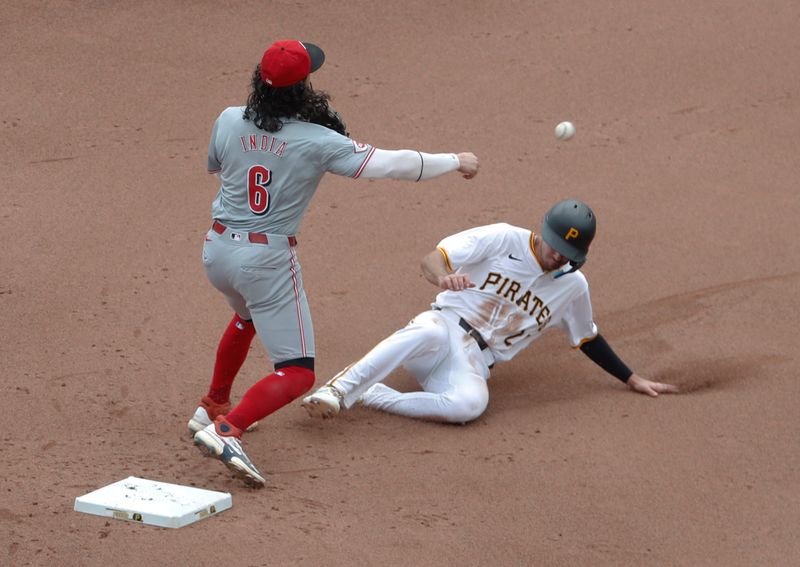 Aug 25, 2024; Pittsburgh, Pennsylvania, USA;  Cincinnati Reds second baseman Jonathan India (6) throws to first base to complete a double play over Pittsburgh Pirates second baseman Alika Williams (25) during the fifth inning  at PNC Park. Mandatory Credit: Charles LeClaire-USA TODAY Sports