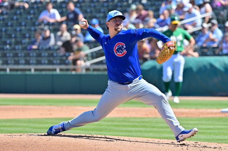 Mar 20, 2024; Mesa, Arizona, USA;  Chicago Cubs relief pitcher Mark Leiter Jr. (38) throws in the first inning against the Oakland Athletics during a spring training game at Hohokam Stadium. Mandatory Credit: Matt Kartozian-USA TODAY Sports