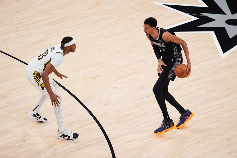 SAN ANTONIO, TX - MARCH 3: Victor Wembanyama #1 of the San Antonio Spurs dribbles the ball during the game against the Indiana Pacers on March 3, 2024 at the AT&T Center in San Antonio, Texas. NOTE TO USER: User expressly acknowledges and agrees that, by downloading and or using this photograph, user is consenting to the terms and conditions of the Getty Images License Agreement. Mandatory Copyright Notice: Copyright 2024 NBAE (Photos by Cooper Neill/NBAE via Getty Images)