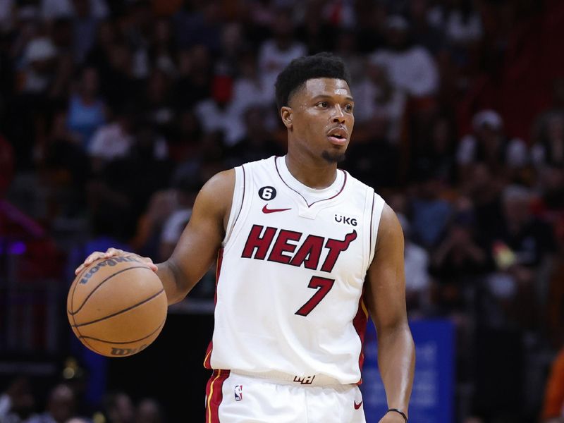 MIAMI, FLORIDA - APRIL 01: Kyle Lowry #7 of the Miami Heat in action against the Dallas Mavericks during the fourth quarter of the game at Miami-Dade Arena on April 01, 2023 in Miami, Florida. NOTE TO USER: User expressly acknowledges and agrees that, by downloading and or using this photograph, User is consenting to the terms and conditions of the Getty Images License Agreement. (Photo by Megan Briggs/Getty Images)