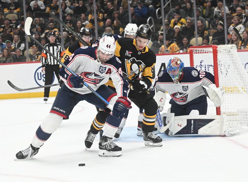 Jan 17, 2026; Pittsburgh, Pennsylvania, USA;  Pittsburgh Penguins center Ben Kindel (81) challenges Columbus Blue Jackets defenseman Erik Gudbranson (44) for the puck during the first period at PPG Paints Arena. Mandatory Credit: Philip G. Pavely-Imagn Images