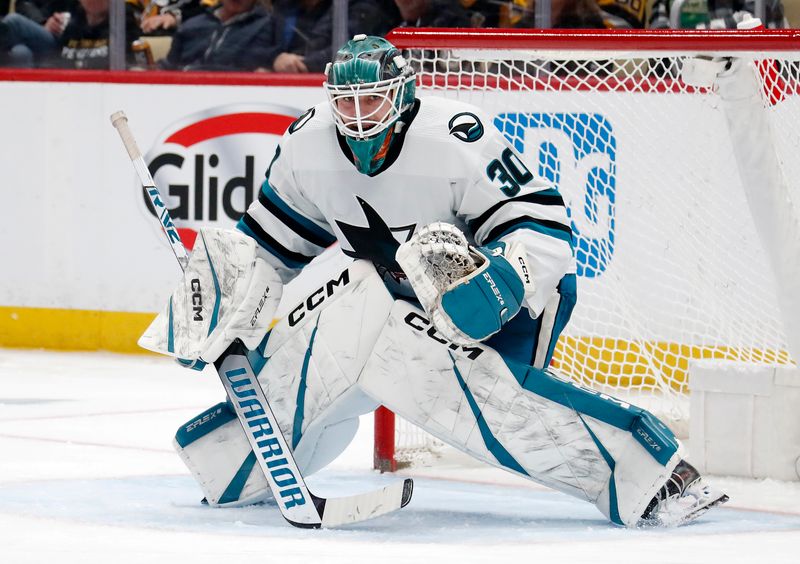 Mar 14, 2024; Pittsburgh, Pennsylvania, USA; San Jose Sharks goaltender Magnus Chrona (30) guards the net against the Pittsburgh Penguins during the third period at PPG Paints Arena. Pittsburgh won 6-3. Mandatory Credit: Charles LeClaire-USA TODAY Sports