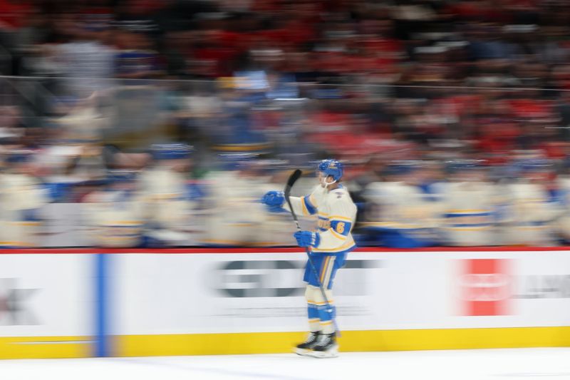 Feb 27, 2025; Washington, District of Columbia, USA; St. Louis Blues defenseman Philip Broberg (6) celebrates after scoring a goal against the Washington Capitals in the first period at Capital One Arena. Mandatory Credit: Geoff Burke-Imagn Images