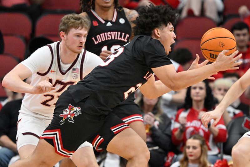 Mar 5, 2024; Louisville, Kentucky, USA; Louisville Cardinals  Forward Zan Payne (23) Forward chases down a loose ball under the pressure of Virginia Tech Hokies guard Tyler Nickel (23) during the first half at KFC Yum! Center. Mandatory Credit: Jamie Rhodes-USA TODAY Sports