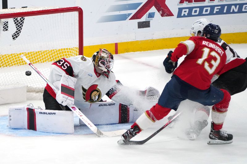 Oct 11, 2025; Sunrise, Florida, USA;  Florida Panthers center Sam Reinhart (13) scores a goal past Ottawa Senators goaltender Linus Ullmark (35) during the third period at Amerant Bank Arena. Mandatory Credit: Jim Rassol-Imagn Images