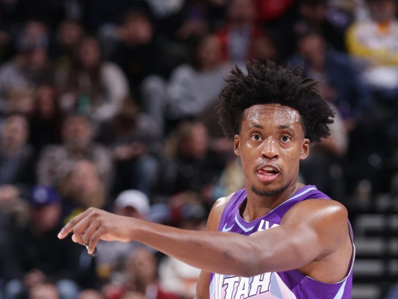 SALT LAKE CITY, UT - WEDNESDAY 27: Collin Sexton #2 of the Utah Jazz looks to pass the ball during the game against the Denver Nuggets on Wednesday 27, 2024 at vivint.SmartHome Arena in Salt Lake City, Utah. NOTE TO USER: User expressly acknowledges and agrees that, by downloading and or using this Photograph, User is consenting to the terms and conditions of the Getty Images License Agreement. Mandatory Copyright Notice: Copyright 2024 NBAE (Photo by Melissa Majchrzak/NBAE via Getty Images)