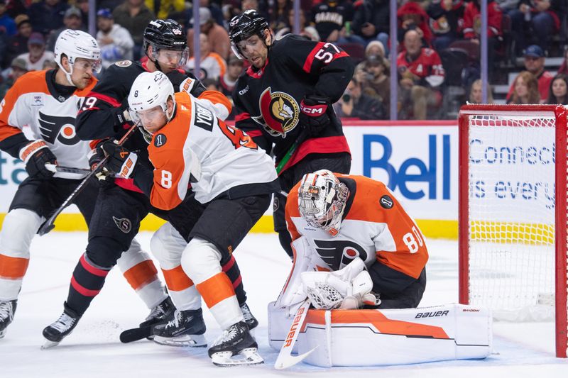 Oct 23, 2025; Ottawa, Ontario, CAN; Philadelphia Flyers goalie Dan Vladar (80) makes a save in front of Ottawa Senators center Lars Eller (89) and left wing David Perron (57) in the first period at the Canadian Tire Centre. Mandatory Credit: Marc DesRosiers-IMAGN Images