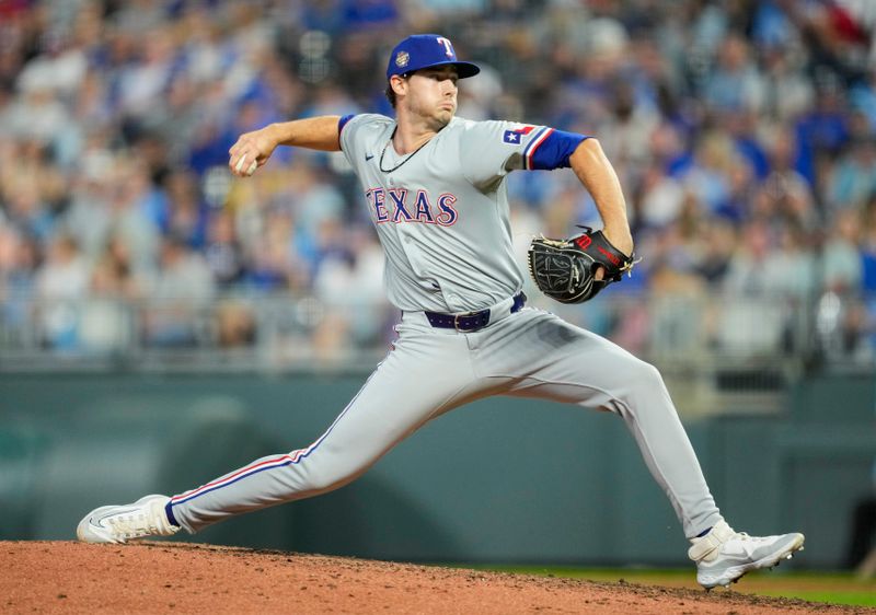 May 3, 2024; Kansas City, Missouri, USA; Texas Rangers pitcher Cole Winn (60) pitches during the seventh inning against the Kansas City Royals at Kauffman Stadium. Mandatory Credit: Jay Biggerstaff-USA TODAY Sports