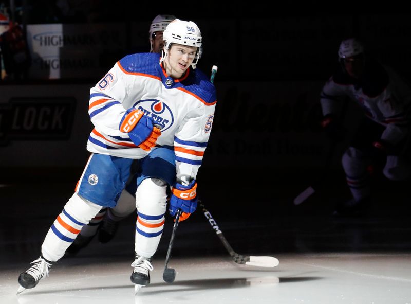 Feb 23, 2023; Pittsburgh, Pennsylvania, USA;  Edmonton Oilers right wing Kailer Yamamoto (56) takes the ice against the Pittsburgh Penguins during the first period at PPG Paints Arena. Edmonton won 7-2. Mandatory Credit: Charles LeClaire-USA TODAY Sports