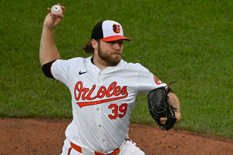 May 13, 2024; Baltimore, Maryland, USA;  Baltimore Orioles pitcher Corbin Burnes (39) throws a second inning pitch against the Toronto Blue Jays at Oriole Park at Camden Yards. Mandatory Credit: Tommy Gilligan-USA TODAY Sports