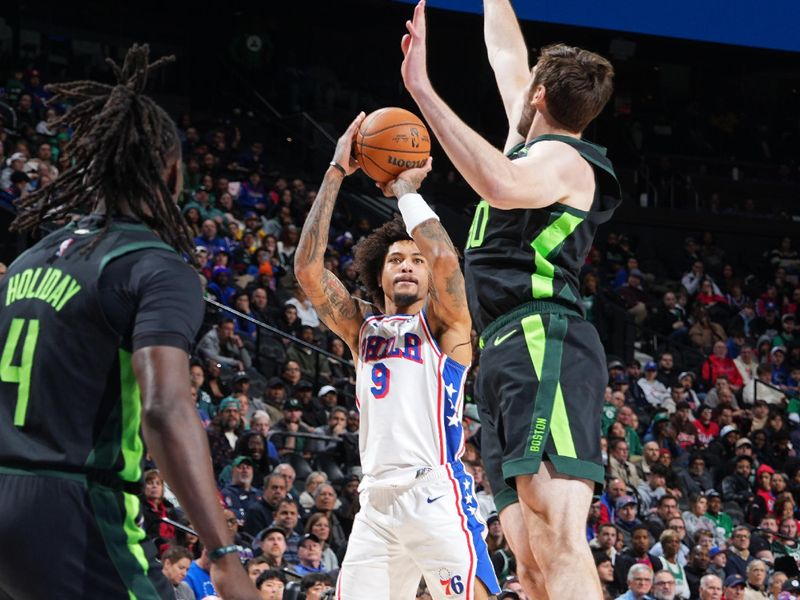 PHILADELPHIA, PA - FEBRUARY 2: Kelly Oubre Jr. #9 of the Philadelphia 76ers three point basket during the game against the Boston Celtics on February 2, 2025 at the Wells Fargo Center in Philadelphia, Pennsylvania NOTE TO USER: User expressly acknowledges and agrees that, by downloading and/or using this Photograph, user is consenting to the terms and conditions of the Getty Images License Agreement. Mandatory Copyright Notice: Copyright 2025 NBAE(Photo by Jesse D. Garrabrant/NBAE via Getty Images)