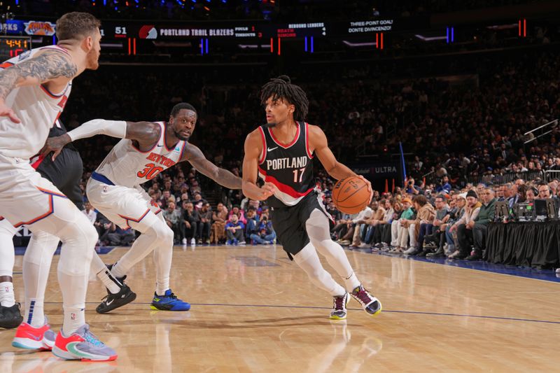 NEW YORK, NY - JANUARY 9: Shaedon Sharpe #17 of the Portland Trail Blazers dribbles the ball during the game against the New York Knicks on January 9, 2024 at Madison Square Garden in New York City, New York.  NOTE TO USER: User expressly acknowledges and agrees that, by downloading and or using this photograph, User is consenting to the terms and conditions of the Getty Images License Agreement. Mandatory Copyright Notice: Copyright 2024 NBAE  (Photo by Jesse D. Garrabrant/NBAE via Getty Images)