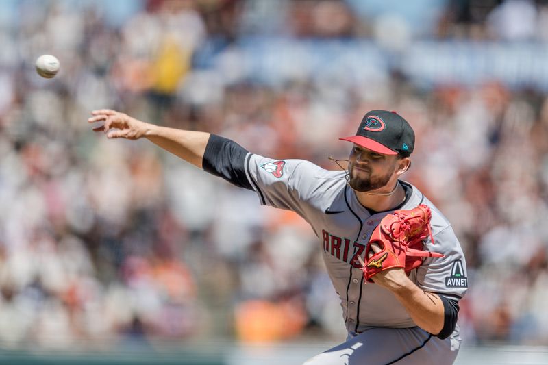 Apr 21, 2024; San Francisco, California, USA;  Arizona Diamondbacks starting pitcher Slade Cecconi (43) threes against the San Francisco Giants during the fourth inning at Oracle Park. Mandatory Credit: John Hefti-USA TODAY Sports