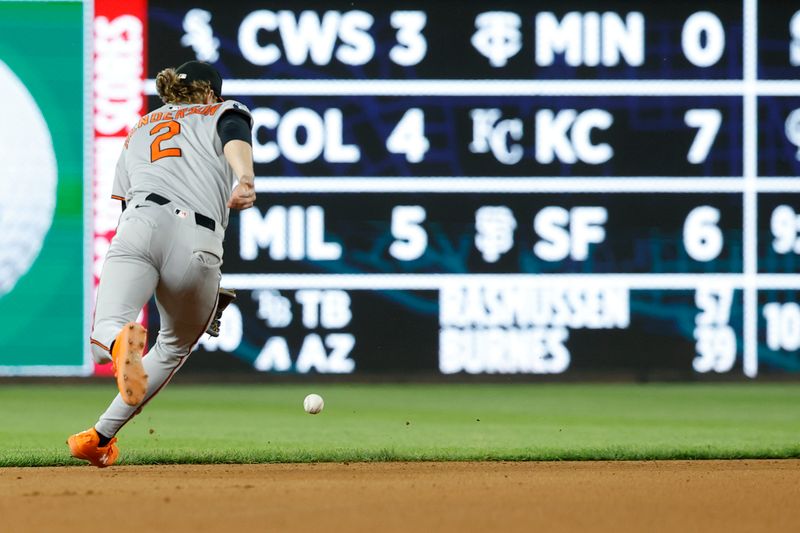 Apr 24, 2025; Washington, District of Columbia, USA; Baltimore Orioles shortstop Gunnar Henderson (2) commits an error on a ground ball by Washington Nationals first base Josh Bell (not pictured) during the seventh inning at Nationals Park. Mandatory Credit: Geoff Burke-Imagn Images