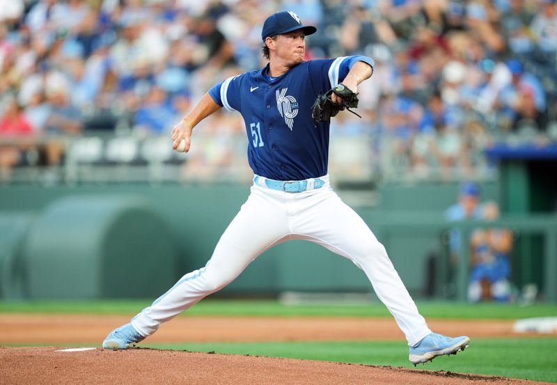 Jul 28, 2023; Kansas City, Missouri, USA; Kansas City Royals starting pitcher Brady Singer (51) pitches during the first inning against the Minnesota Twins at Kauffman Stadium. Mandatory Credit: Jay Biggerstaff-USA TODAY Sports