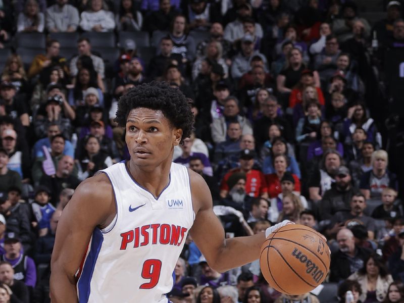 SACRAMENTO, CA - FEBRUARY 7: Ausar Thompson #9 of the Detroit Pistons dribbles the ball during the game against the Sacramento Kings on February 7, 2024 at Golden 1 Center in Sacramento, California. NOTE TO USER: User expressly acknowledges and agrees that, by downloading and or using this Photograph, user is consenting to the terms and conditions of the Getty Images License Agreement. Mandatory Copyright Notice: Copyright 2024 NBAE (Photo by Rocky Widner/NBAE via Getty Images)