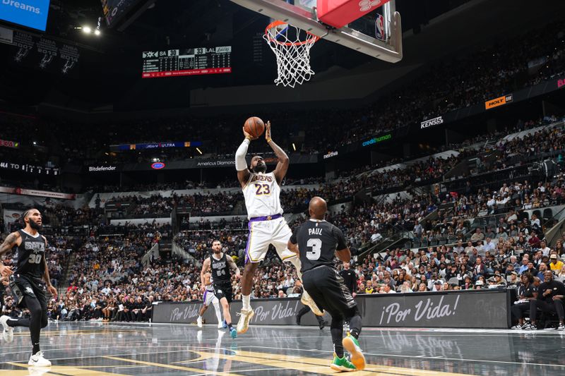 SAN ANTONIO, TX - NOVEMBER 15: LeBron James #23 of the Los Angeles Lakers shoots the ball during the game against the San Antonio Spurs during the Emirates NBA Cup game on November 15, 2024 at the Frost Bank Center in San Antonio, Texas. NOTE TO USER: User expressly acknowledges and agrees that, by downloading and or using this photograph, user is consenting to the terms and conditions of the Getty Images License Agreement. Mandatory Copyright Notice: Copyright 2024 NBAE (Photos by Jesse D. Garrabrant/NBAE via Getty Images)