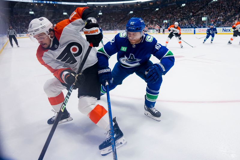 Dec 28, 2023; Vancouver, British Columbia, CAN; Vancouver Canucks defenseman Ian Cole (82) battles with Philadelphia Flyers forward Travis Konecny (11) in the first period at Rogers Arena. Mandatory Credit: Bob Frid-USA TODAY Sports