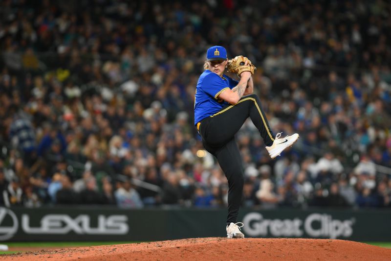 Sep 27, 2024; Seattle, Washington, USA; Seattle Mariners relief pitcher Gabe Speier (55) pitches to the Oakland Athletics during the sixth inning at T-Mobile Park. Mandatory Credit: Steven Bisig-Imagn Images