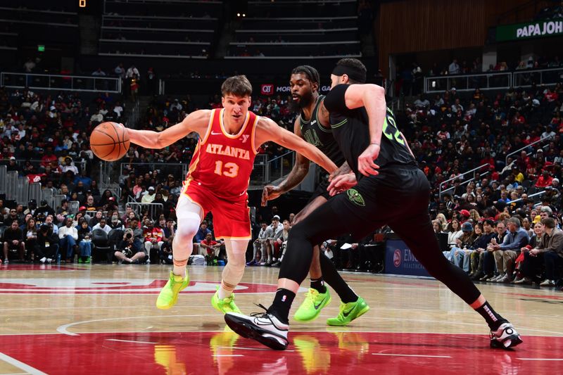 ATLANTA, GA - MARCH 10: Bogdan Bogdanovic #13 of the Atlanta Hawks dribbles the ball during the game against the New Orleans Pelicans on March 10, 2024 at State Farm Arena in Atlanta, Georgia.  NOTE TO USER: User expressly acknowledges and agrees that, by downloading and/or using this Photograph, user is consenting to the terms and conditions of the Getty Images License Agreement. Mandatory Copyright Notice: Copyright 2024 NBAE (Photo by Scott Cunningham/NBAE via Getty Images)