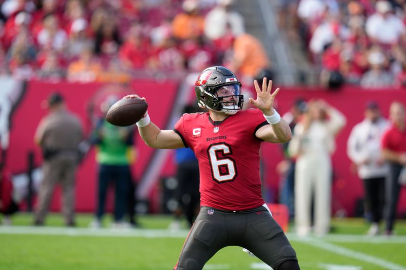 Tampa Bay Buccaneers quarterback Baker Mayfield (6) passes in the second half of an NFL football game aNew Orleans Saints in Tampa, Fla., Sunday, Dec. 31, 2023. (AP Photo/Chris O'Meara)