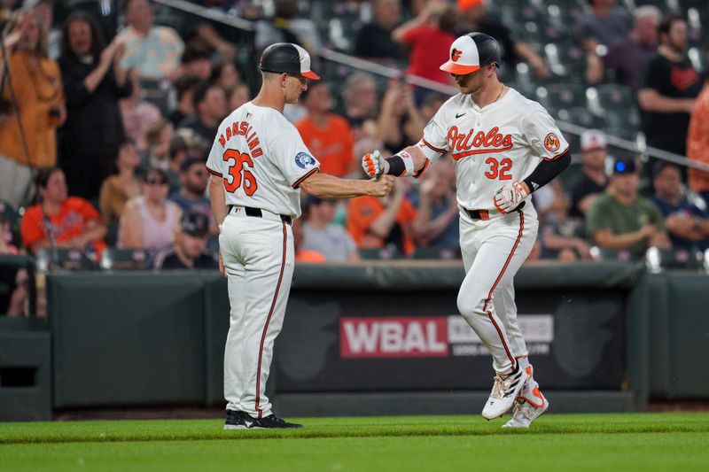 Jun 26, 2024; Baltimore, Maryland, USA; Baltimore Orioles first base Ryan O'Hearn (32) celebrates with third base coach Tony Mansolino (36) after a home run during the eighth inning at Oriole Park at Camden Yards. Mandatory Credit: Reggie Hildred-USA TODAY Sports