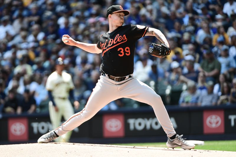 Jun 8, 2023; Milwaukee, Wisconsin, USA; Baltimore Orioles pitcher Kyle Bradish (39) pitches against the Milwaukee Brewers in the first inning at American Family Field. Mandatory Credit: Benny Sieu-USA TODAY Sports