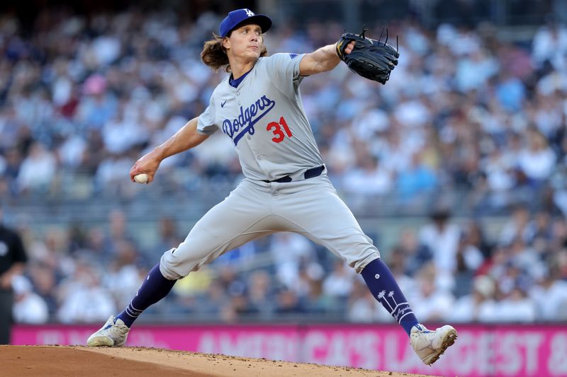 Jun 9, 2024; Bronx, New York, USA; Los Angeles Dodgers starting pitcher Tyler Glasnow (31) pitches against the New York Yankees during the first inning at Yankee Stadium. Mandatory Credit: Brad Penner-USA TODAY Sports