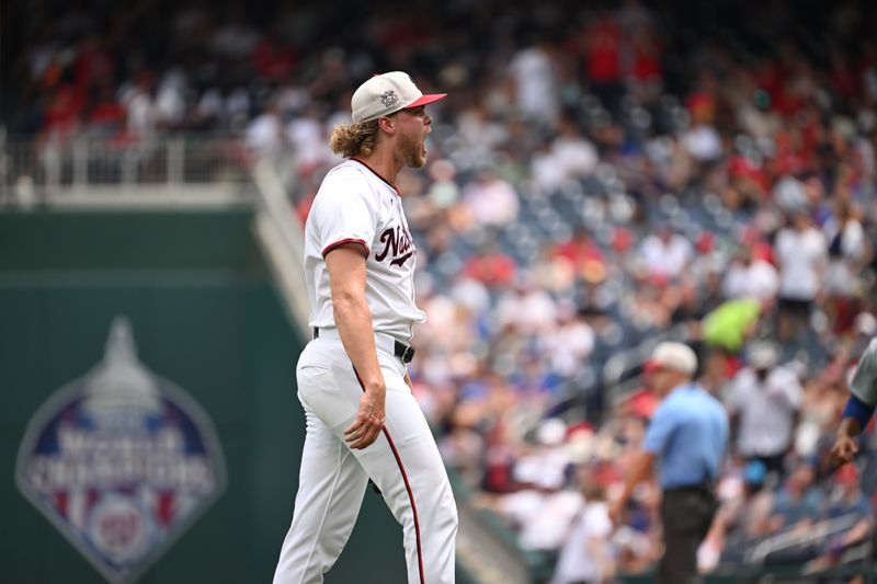 Jul 4, 2024; Washington, District of Columbia, USA; Washington Nationals starting pitcher Jake Irvin (27) reacts after a strikeout to end the 8th inning against the New York Mets at Nationals Park. Mandatory Credit: Rafael Suanes-USA TODAY Sports