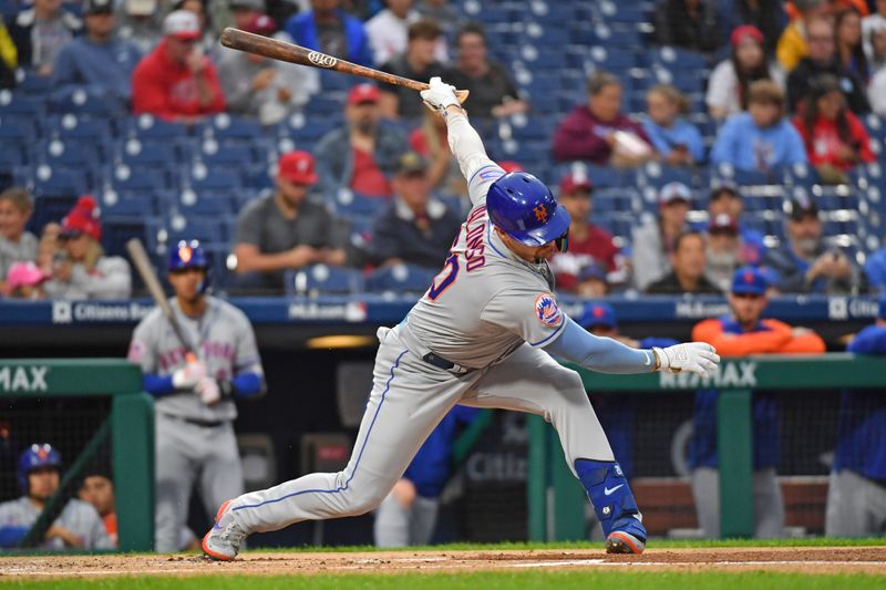 Sep 24, 2023; Philadelphia, Pennsylvania, USA; New York Mets first baseman Pete Alonso (20) strikes out during the first inning against the Philadelphia Phillies at Citizens Bank Park. Mandatory Credit: Eric Hartline-USA TODAY Sports