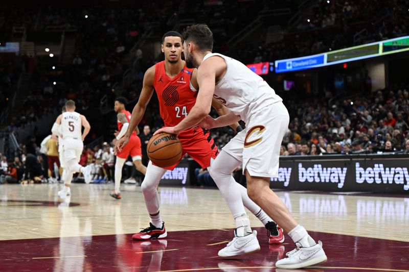 CLEVELAND, OH - MARCH 2: Kris Murray #24 of the Portland Trail Blazers plays defense during the game against the Cleveland Cavaliers on March 2, 2025 at Rocket Arena in Cleveland, Ohio. NOTE TO USER: User expressly acknowledges and agrees that, by downloading and/or using this Photograph, user is consenting to the terms and conditions of the Getty Images License Agreement. Mandatory Copyright Notice: Copyright 2025 NBAE (Photo by Brian Kolin/NBAE via Getty Images)