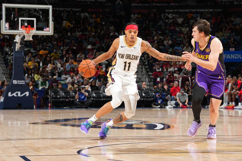 NEW ORLEANS, LA - NOVEMBER 16: Brandon Boston Jr. #11 of the New Orleans Pelicans dribbles the ball during the game against the Los Angeles Lakers on November 16, 2024 at the Smoothie King Center in New Orleans, Louisiana. NOTE TO USER: User expressly acknowledges and agrees that, by downloading and or using this Photograph, user is consenting to the terms and conditions of the Getty Images License Agreement. Mandatory Copyright Notice: Copyright 2024 NBAE (Photo by Jesse D. Garrabrant/NBAE via Getty Images)