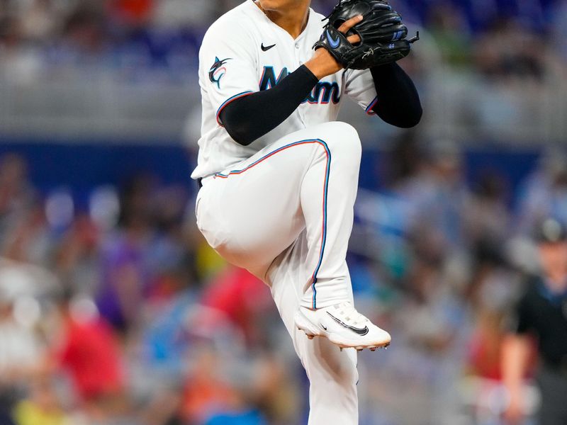 Jul 23, 2023; Miami, Florida, USA; Miami Marlins starting pitcher Jesus Luzardo (44) throws a pitch against the Colorado Rockies during the first inning at loanDepot Park. Mandatory Credit: Rich Storry-USA TODAY Sports