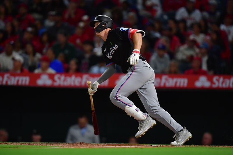 May 24, 2025; Anaheim, California, USA; Miami Marlins left fielder Eric Wagaman (33) hits an RBI single against the Los Angeles Angels during the fifth inning at Angel Stadium. Mandatory Credit: Gary A. Vasquez-Imagn Images