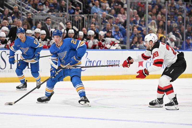 Feb 28, 2026; St. Louis, Missouri, USA; New Jersey Devils right wing Timo Meier (28) pressures St. Louis Blues defenseman Logan Mailloux (23) in the second period at Enterprise Center. Mandatory Credit: Joe Puetz-Imagn Images