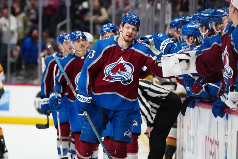 Jan 10, 2024; Denver, Colorado, USA; Colorado Avalanche right wing Valeri Nichushkin (13) celebrates a goal scored in the third period against the Vegas Golden Knights at Ball Arena. Mandatory Credit: Ron Chenoy-USA TODAY Sports