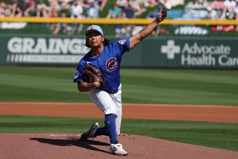 Mar 1, 2026; Mesa, Arizona, USA; Chicago Cubs pitcher Shota Imanaga (18) throws against the Chicago White Sox in the first inning at Sloan Park. Mandatory Credit: Rick Scuteri-Imagn Images