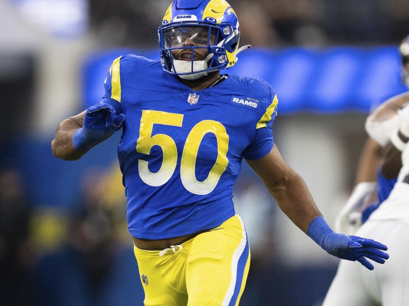 Los Angeles Rams linebacker Ryan Smenda Jr. (50) runs during an NFL preseason football game against the Las Vegas Raiders, Saturday, Aug. 19, 2023, in Inglewood, Calif. (AP Photo/Kyusung Gong)