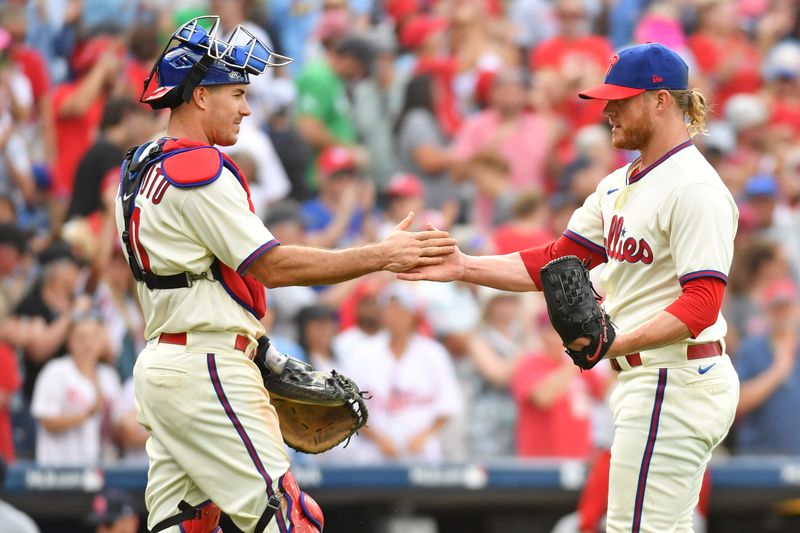 Aug 27, 2023; Philadelphia, Pennsylvania, USA; Philadelphia Phillies catcher J.T. Realmuto (10) and relief pitcher Craig Kimbrel (31) celebrate win the St. Louis Cardinals at Citizens Bank Park. Mandatory Credit: Eric Hartline-USA TODAY Sports