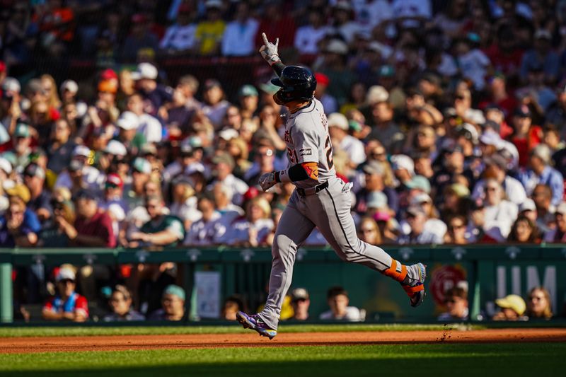 Sep 28, 2025; Boston, Massachusetts, USA; Detroit Tigers second base Javier Báez (28) hits a two run home run against the Boston Red Sox in the fourth inning at Fenway Park. Mandatory Credit: David Butler II-Imagn Images