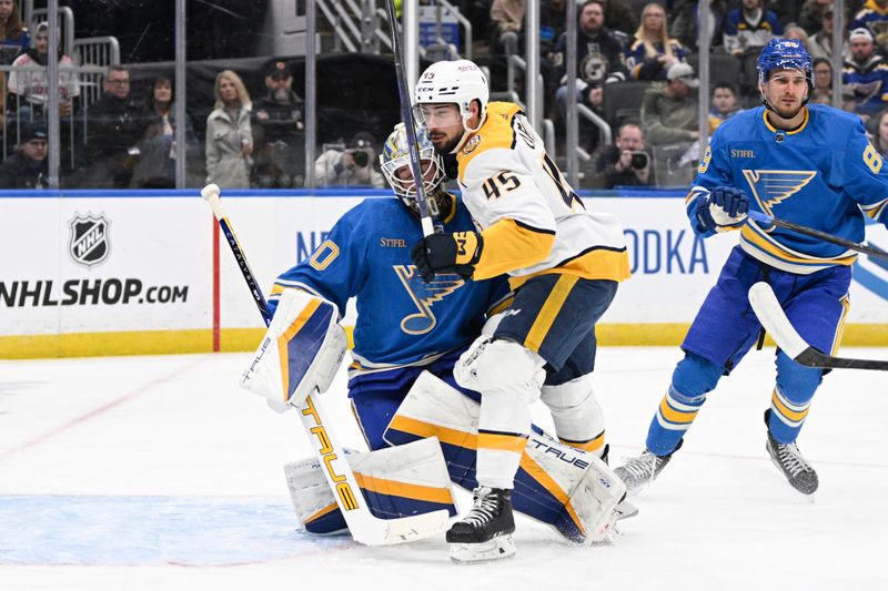 Feb 17, 2024; St. Louis, Missouri, USA; Nashville Predators defenseman Alexandre Carrier (45) collides with St. Louis Blues goaltender Jordan Binnington (50) during the first period at Enterprise Center. Mandatory Credit: Jeff Le-USA TODAY Sports