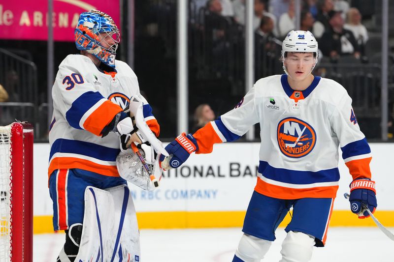 Nov 13, 2025; Las Vegas, Nevada, USA; New York Islanders defenseman Matthew Schaefer (48) celebrates with New York Islanders goaltender Ilya Sorokin (30) after scoring a goal against the Vegas Golden Knights during the first period at T-Mobile Arena. Mandatory Credit: Stephen R. Sylvanie-Imagn Images