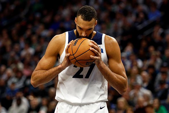 MINNEAPOLIS, MINNESOTA - NOVEMBER 06: Rudy Gobert #27 of the Minnesota Timberwolves looks on against the Boston Celtics in the third quarter at Target Center on November 06, 2023 in Minneapolis, Minnesota. The Timberwolves defeated the Celtics 114-109 in overtime. NOTE TO USER: User expressly acknowledges and agrees that, by downloading and or using this photograph, User is consenting to the terms and conditions of the Getty Images License Agreement. (Photo by David Berding/Getty Images)