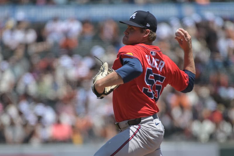 Jun 7, 2025; San Francisco, California, USA;  Atlanta Braves pitcher Bryce Elder (55) throws a pitch against the San Francisco Giants during the first inning at Oracle Park. Mandatory Credit: Ed Szczepanski-Imagn Images