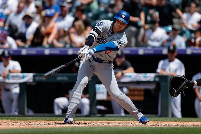 Jun 20, 2024; Denver, Colorado, USA; Los Angeles Dodgers designated hitter Shohei Ohtani (17) bats in the sixth inning against the Colorado Rockies at Coors Field. Mandatory Credit: Isaiah J. Downing-USA TODAY Sports