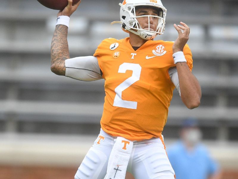 Oct 24, 2020; Knoxville, Tennessee, USA;   Tennessee quarterback Jarrett Guarantano (2) throws a pass during a game between Alabama and Tennessee at Neyland Stadium in Knoxville, Tenn. on Saturday, Oct. 24, 2020. Mandatory Credit: Caitie McMekin-USA TODAY NETWORK